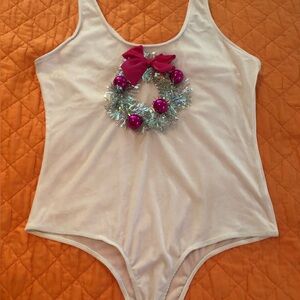 Christmas Funny White Bodysuit with Pink and Silver Wreath